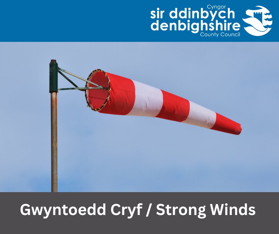 A weather warning for wind has been issued across Denbighshire⚠ This warning will be in place until 22:00 tonight⏰ To keep updated visit 👇🏼 bit.ly/3P1aQ8k