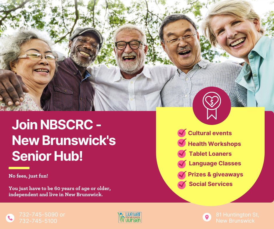 Are you or someone you know a senior in New Brunswick! 60 or older? Join NBSCRC for fun, learning, and community. Call 732-745-5090, Mon-Fri, 8:30 am - 4:30 pm to join! ⁠
⁠
#LiveWellnb  #NBT #newbrunswicknj #middlesexcountynj #NBSCRC