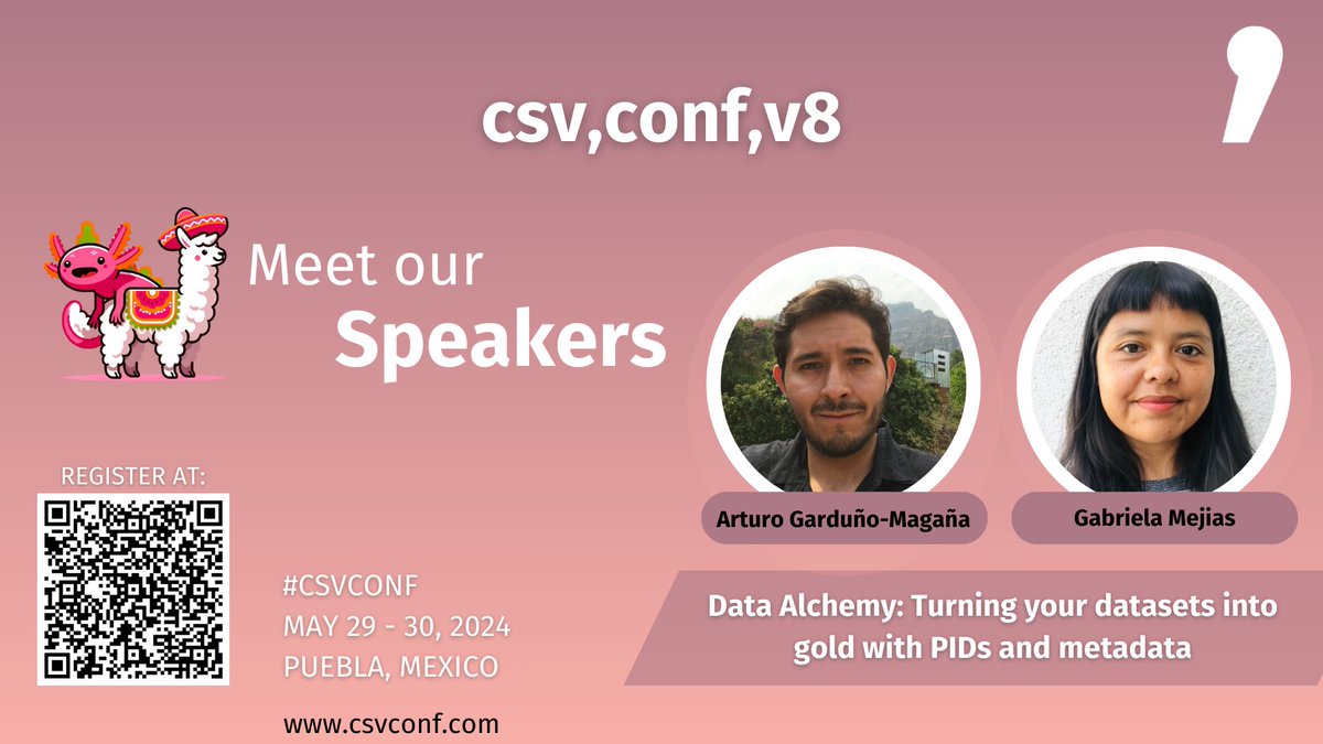 📣Join us for #CSVCONF where @argamax89 & @gabioshka will present 'Data Alchemy: Turning your datasets into gold with #PIDs & #metadata' ⏰🎟️Get your ticket now, space is limited! eventbrite.com/e/csvconfv8-ti… 📍@BUAPoficial 🇲🇽 🗓️May 29-30 ℹ️csvconf.com #OpenScience