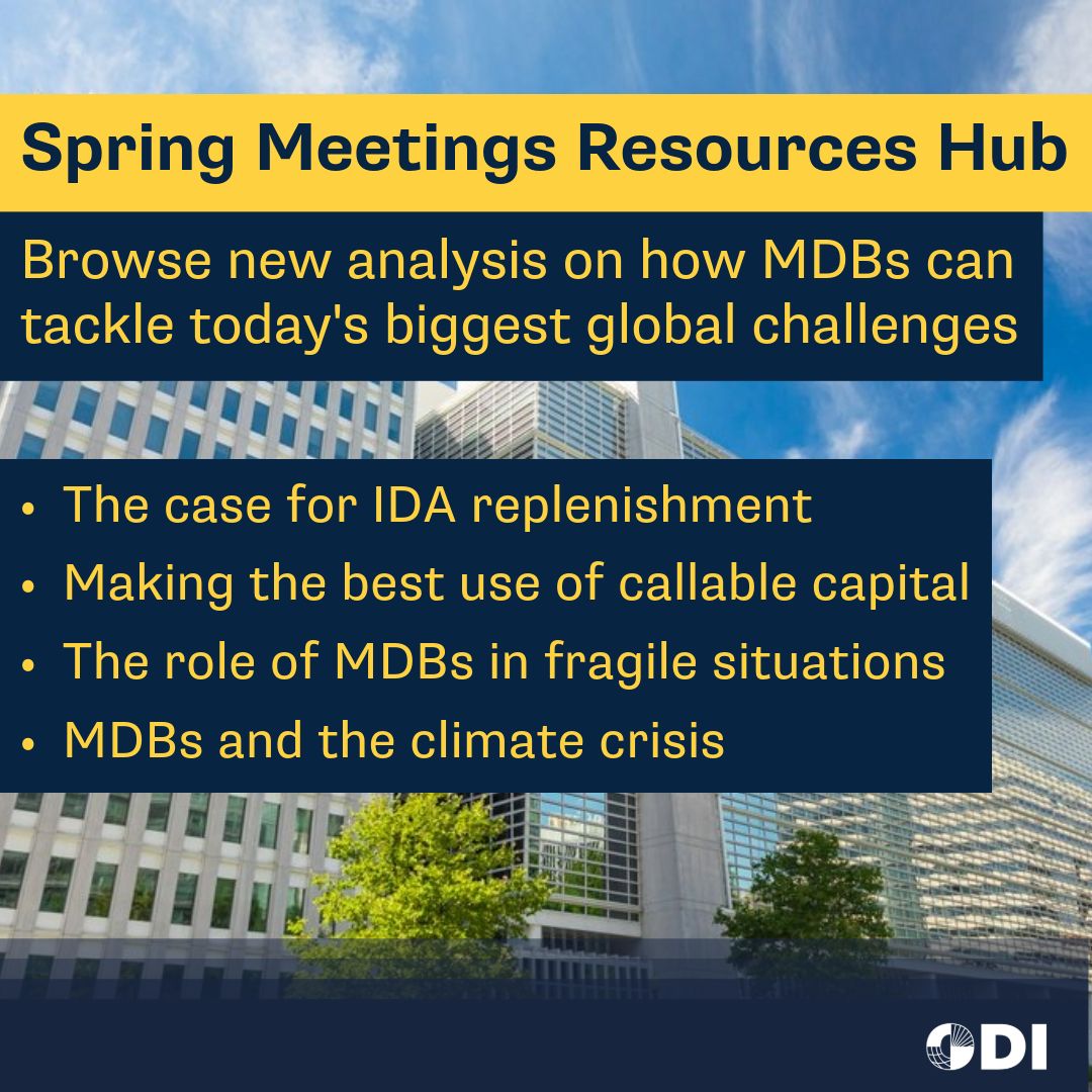 With the #SpringMeetings under way, browse resources on how MDBs can step up in a time of soaring needs: 💰 @WBG_IDA replenishment 💸 Making best use of callable capital 🌍 Role of MDBs in fragile situations 🔥 MDBs & the climate crisis Resources hub: buff.ly/3w3dcgu