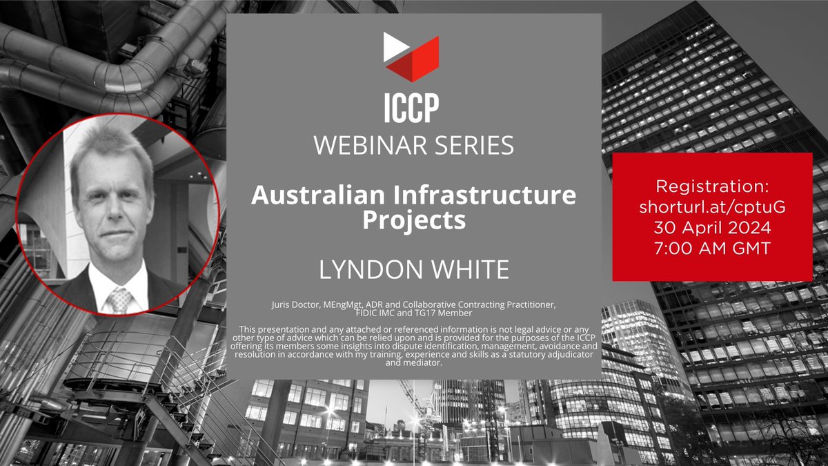 Upcoming ICCP Webinar - join us on 30 April as Lyndon White discusses Australian Infrastructure Projects. Registration is open! buff.ly/49JGQ8F #ConstructionAU #InstituteCCP #ContructionProjects
