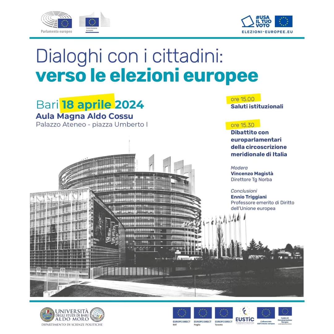 eudirecttaranto's tweet photo. 📌 Giovedì 18/04, ore 15
Appuntamento a #Bari, in Aula Cossu di @unibait per l'evento regionale #EuropeDirect

Parleremo di 🇪🇺, futuro e partecipazione al voto in vista delle #elezionieuropee insieme con MEP, @europainitalia, @Europarl_IT, @EdicBat @EuropeDirectPug 
#UsaIlTuoVoto https://t.co/3Zrl2tIbn7