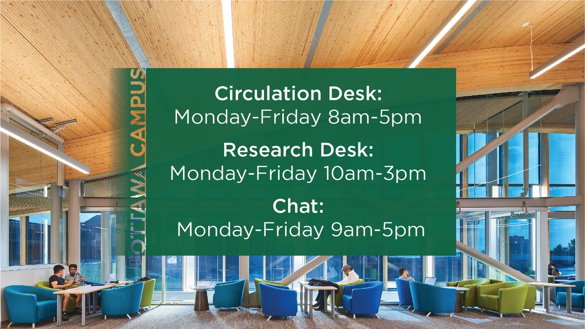 Library on-campus hours for Monday: 
@AlgonquinPerth 7:30am - 4:30pm 
@AlgonquinColleg 8:00am - 5:00pm (Research Desk 10am-3pm)
@AlgonquinPEM 8:00am - 5:30pm

Library Live Chat hours: 9:00am - 5:00pm