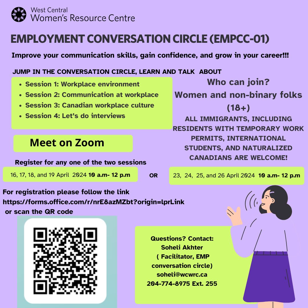 WCWRC is launching a virtual conversation circle where people will get the opportunity to learn and talk about workplace environment, communication at the workplace, Canadian workplace culture, and preparation for job interviews.