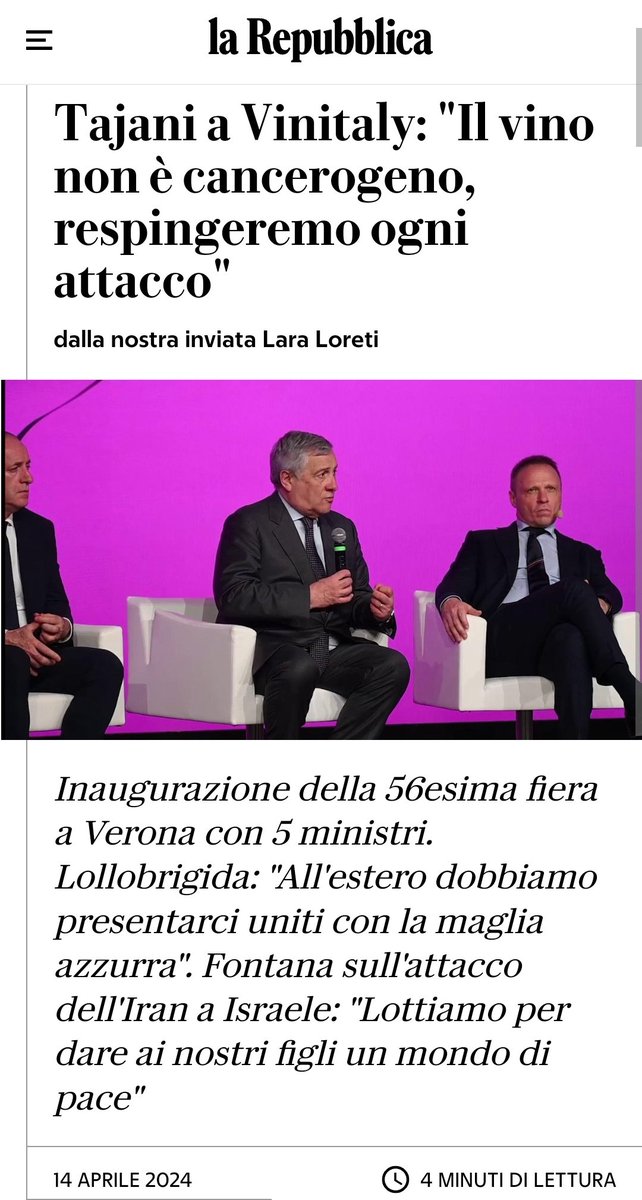 Non bastava Lollobrigida a dire falsità pseudoscientifiche, ora arriva anche Tajani.
Prostrati alla Coldiretti, 5 ministri, durante la più grande crisi mondiale, vanno a brindare e a propagare pericolose fake news.
L'alcool è dimostratamente cancerogeno.