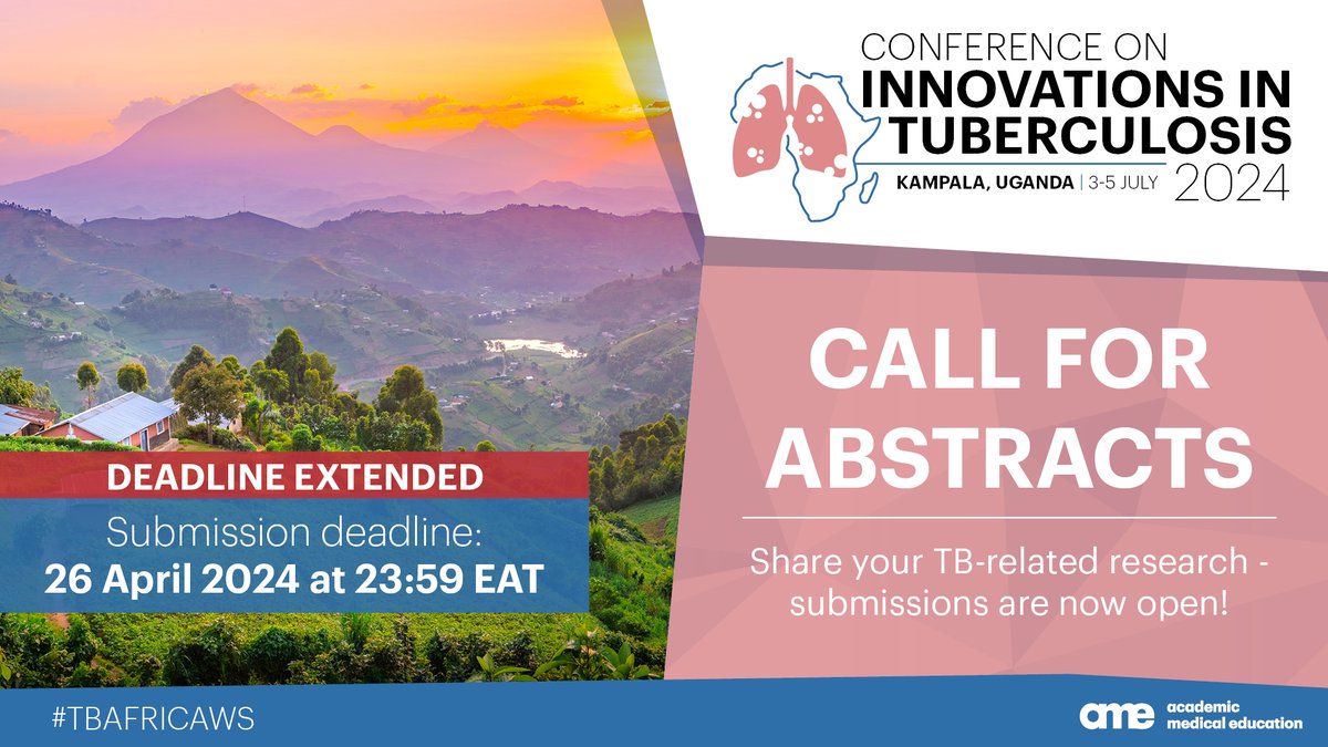 The abstract submission for the 1st Conference on Innovations in Tuberculosis 2024 in Kampala, Uganda, has been extended to 26 April 2024. You can access the abstract portal for this conference via this link: virology.eventsair.com/conference-on-… #TBAfricaWS #Uganda #tuberculosis #Research