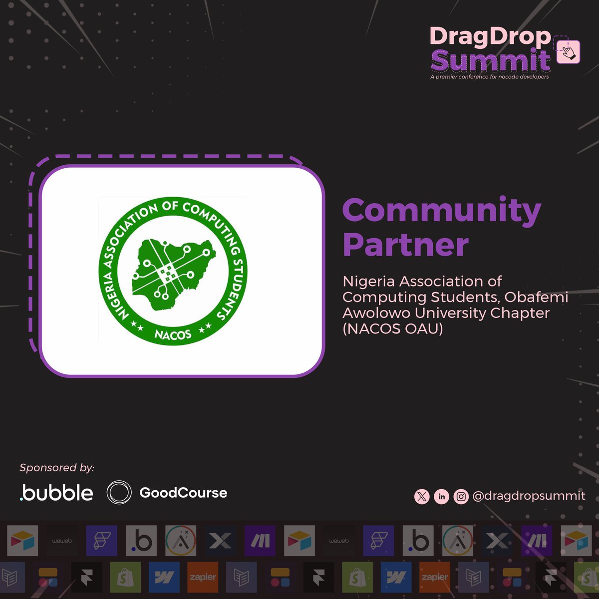 dragdropsummit's tweet photo. ANNOUNCING OUR COMMUNITY PARTNERS🔉🔊

NACOS OAU🤝🚀

Nigerian Association of Computing Students, OAU Chapter, is an association of students studying computer and IT-related courses. NACOS helps students grow exponentially by organizing hackathons, scholarships, seminars etc. https://t.co/AXBa83V6Fb