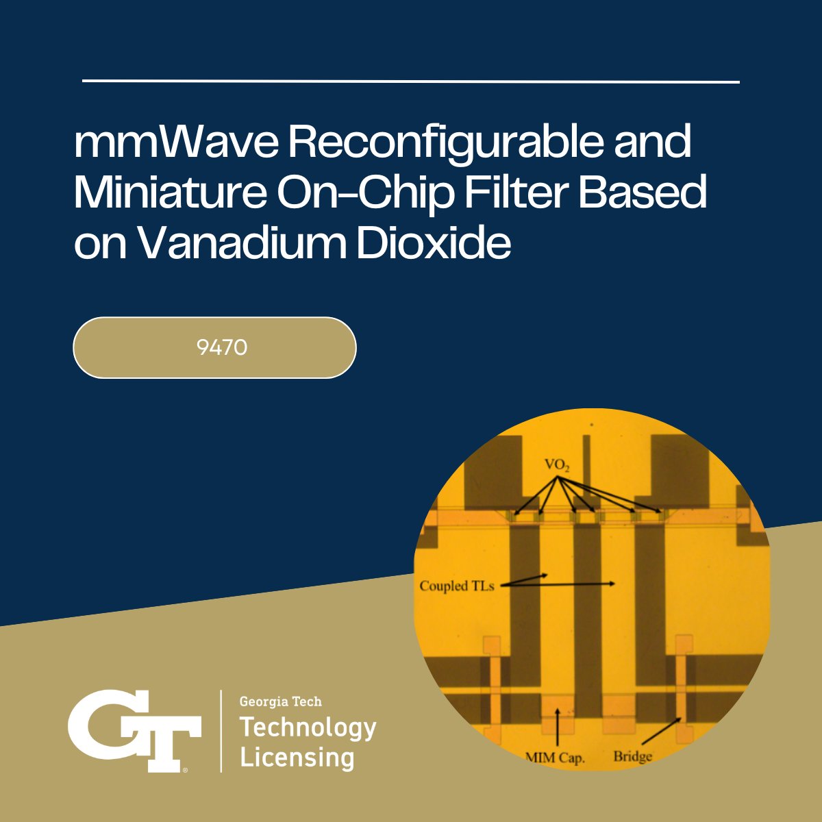 GaTechOTL's tweet photo. #AvailableForLicense: A reconfigurable and miniature on-chip filter for millimeter wave 5G/6G communications systems. Developed by Dr. Thomas Williamson. Georgia Tech School of Electrical &amp; Computer Engineering 
#Communications #5G #6G #VanadiumDioxide
https://t.co/ItPtKzROig https://t.co/jwkvzbXPv3