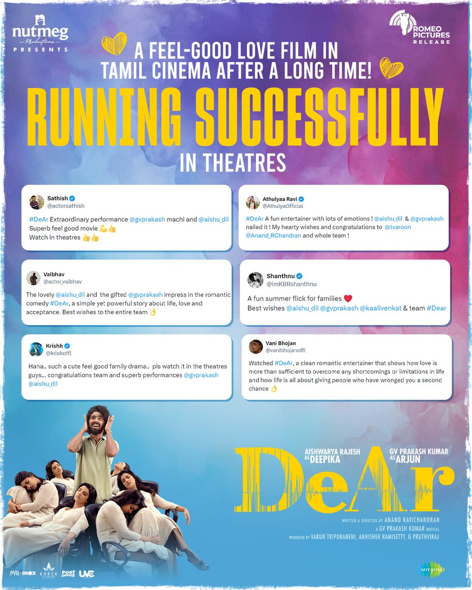 A feel-good romantic film in Kollywood after a long time ❤️ 

With positive reviews from celebrities, critics, and audiences, #DeAr is running successfully in theatres.

@tvaroon #AbhishekRamisetty #PruthvirajGK @mynameisraahul #RomeoPictures  @gvprakash @proyuvraaj