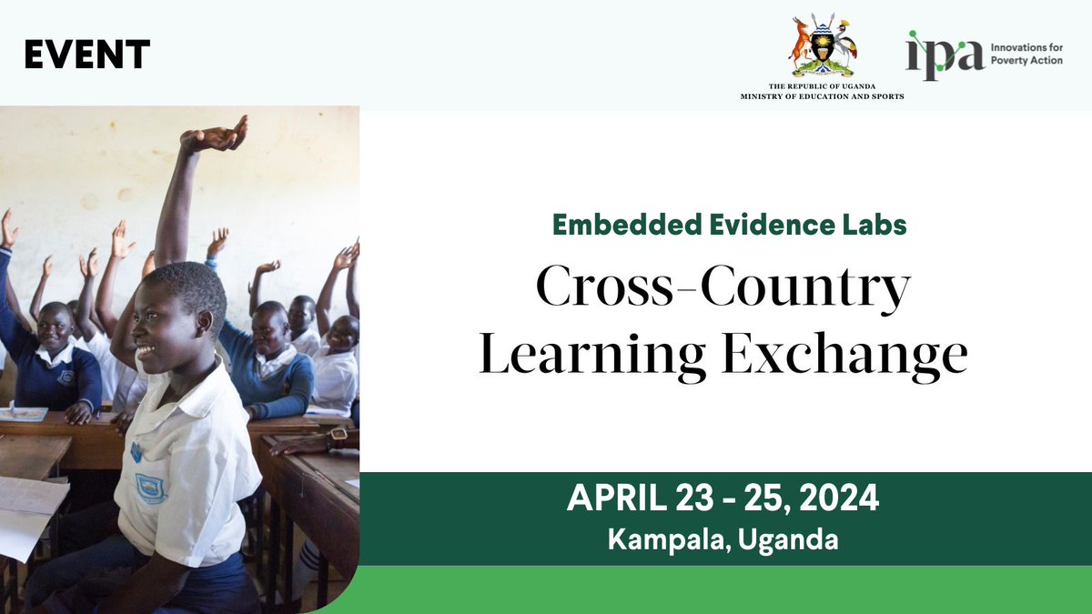 poverty_action's tweet photo. We’re excited to announce the 3rd edition of Cross-Country Learning Exchange #CCLE in Kampala, #Uganda co-hosted with @Educ_SportsUg from Apr. 23rd-25th, 2024. CCLE is a space for South-South learning & exchange among governments on use of evidence through #EmbeddedEvidenceLabs. https://t.co/NY72ECViyP