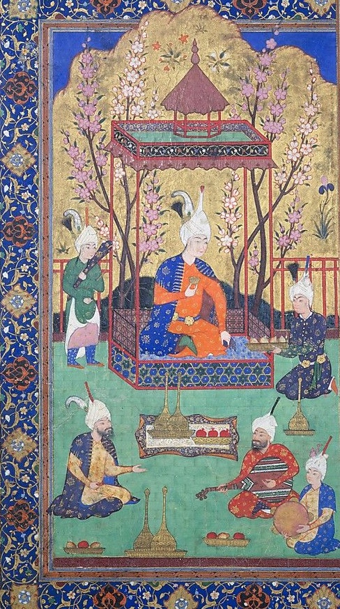 'Prince in a Garden Courtyard', 1525-30; Attributed to Tabriz, Iran This typical bazm (feast) scene is the left-hand side of a double page painting. Traditionally, the right half would have shown royal servants preparing a feast. The prince is seated on a square platform under a…