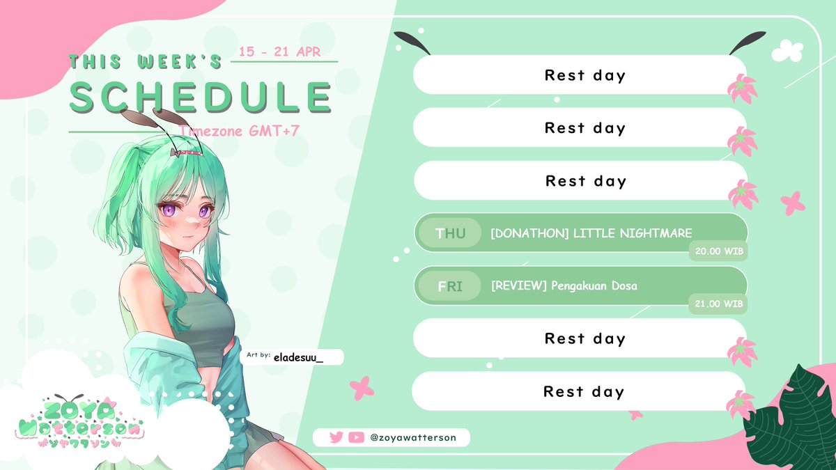 Zoyawatterson's tweet photo. 🐛 Schedule🐛
Minggu ini masih ada kemungkinan guerilla ya krna masih nyesuain ama skejul real life yg masih gak jelas...
link pengakuan dosa : https://t.co/GnzJzPzhNG
General : #Zoyawatterson
Announcement : #Pucukinpo
Live : #HamaLive
Clip : #ClipCUK
Art : #Zoyart https://t.co/fqIyYzz9Ll