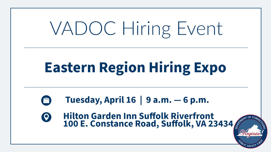 Join the VADOC at our upcoming Eastern Region Hiring Expo! It's set for TOMORROW (Tuesday, April 16) in Suffolk. More info ⬇️ See what to expect, bring, and wear here: ow.ly/v9N350RfnVy
