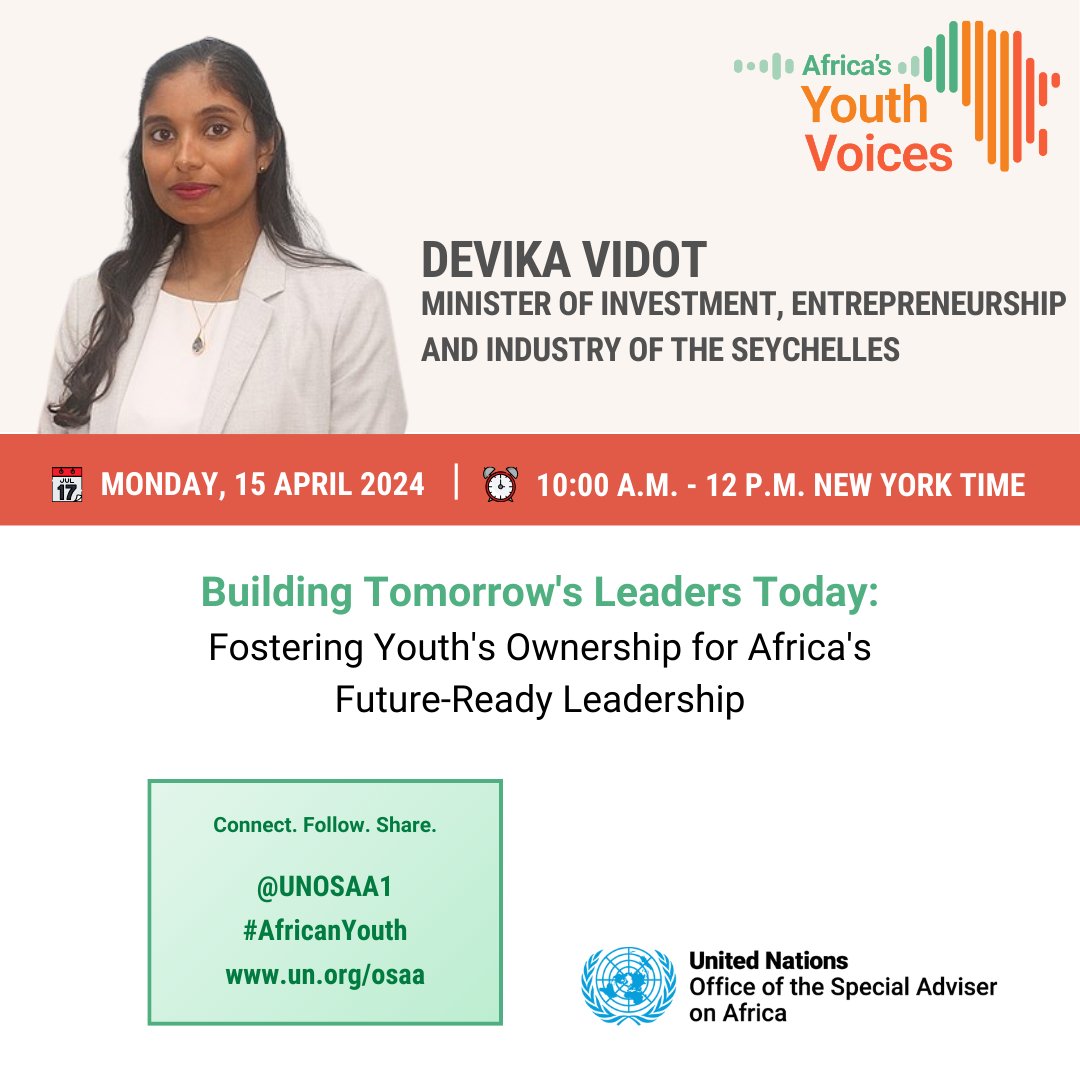 UNOSAA1's tweet photo. TODAY!

Are you ready for the launch of #Africa's #Youth Voices Network? 

Setting the stage are Ministers from Madagascar 🇲🇬, Namibia 🇳🇦 and Seychelles 🇸🇨

Join us from 10:00 a.m-12:00 p.m. (New York time)

📺Watch LIVE : https://t.co/HW0aVgL0md… https://t.co/v9rtM7TGqs