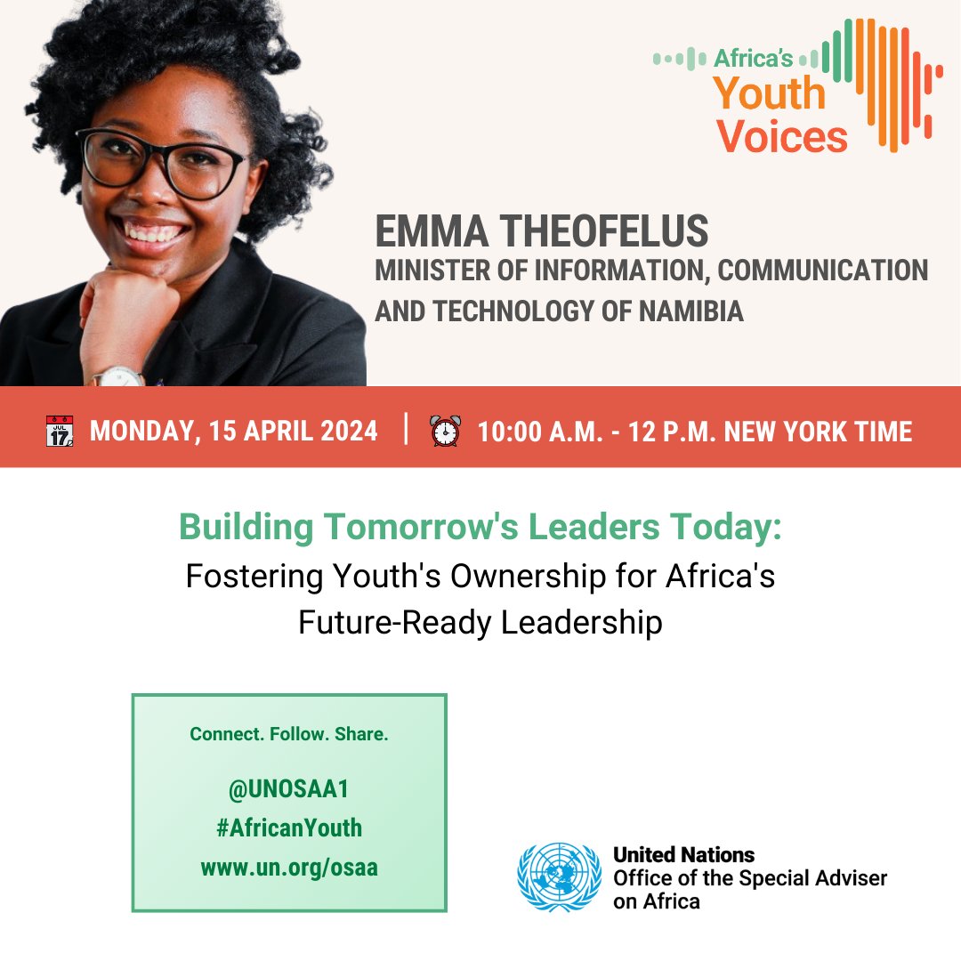 UNOSAA1's tweet photo. TODAY!

Are you ready for the launch of #Africa's #Youth Voices Network? 

Setting the stage are Ministers from Madagascar 🇲🇬, Namibia 🇳🇦 and Seychelles 🇸🇨

Join us from 10:00 a.m-12:00 p.m. (New York time)

📺Watch LIVE : https://t.co/HW0aVgL0md… https://t.co/v9rtM7TGqs