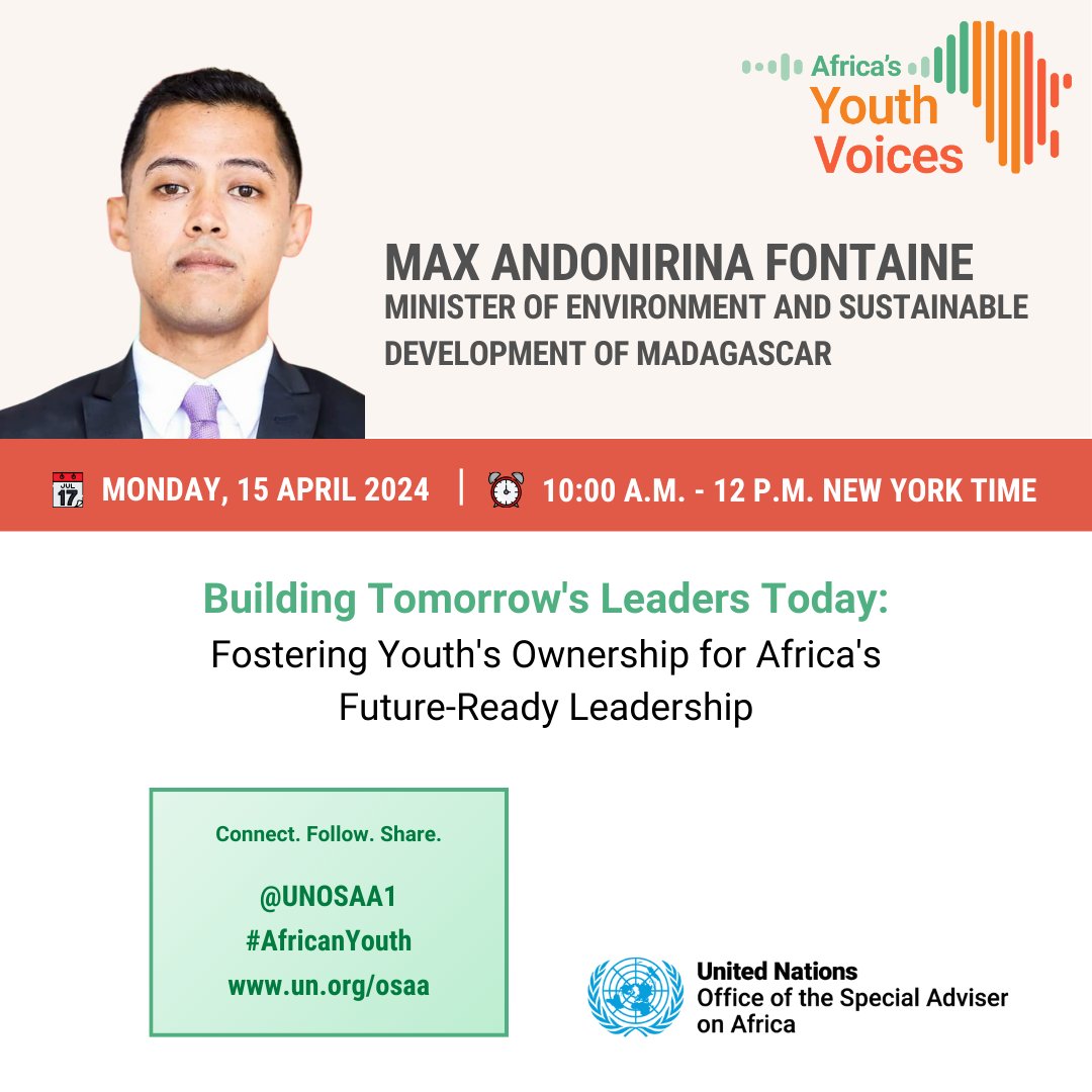 UNOSAA1's tweet photo. TODAY!

Are you ready for the launch of #Africa's #Youth Voices Network? 

Setting the stage are Ministers from Madagascar 🇲🇬, Namibia 🇳🇦 and Seychelles 🇸🇨

Join us from 10:00 a.m-12:00 p.m. (New York time)

📺Watch LIVE : https://t.co/HW0aVgL0md… https://t.co/v9rtM7TGqs