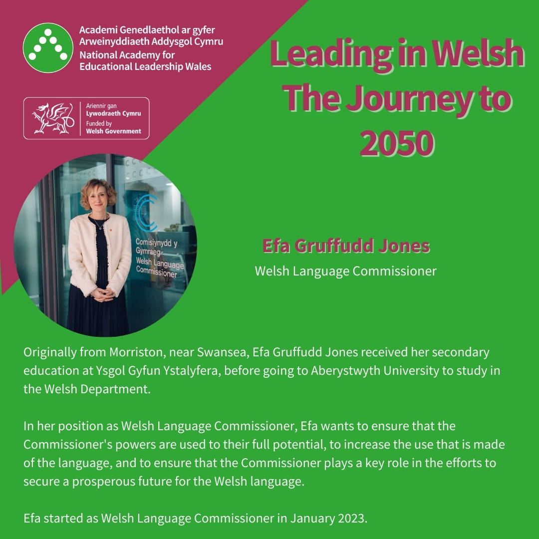 We're delighed to announce that Efa Gruffudd Jones will be speaking at our Leading in Welsh: The Journey to 2050 Conference on 1 May. Efa Gruffudd Jones has been the Welsh Language Commissioner since January 2023. Register your place now: ow.ly/ENlV50RfOrw @ComyGymraeg