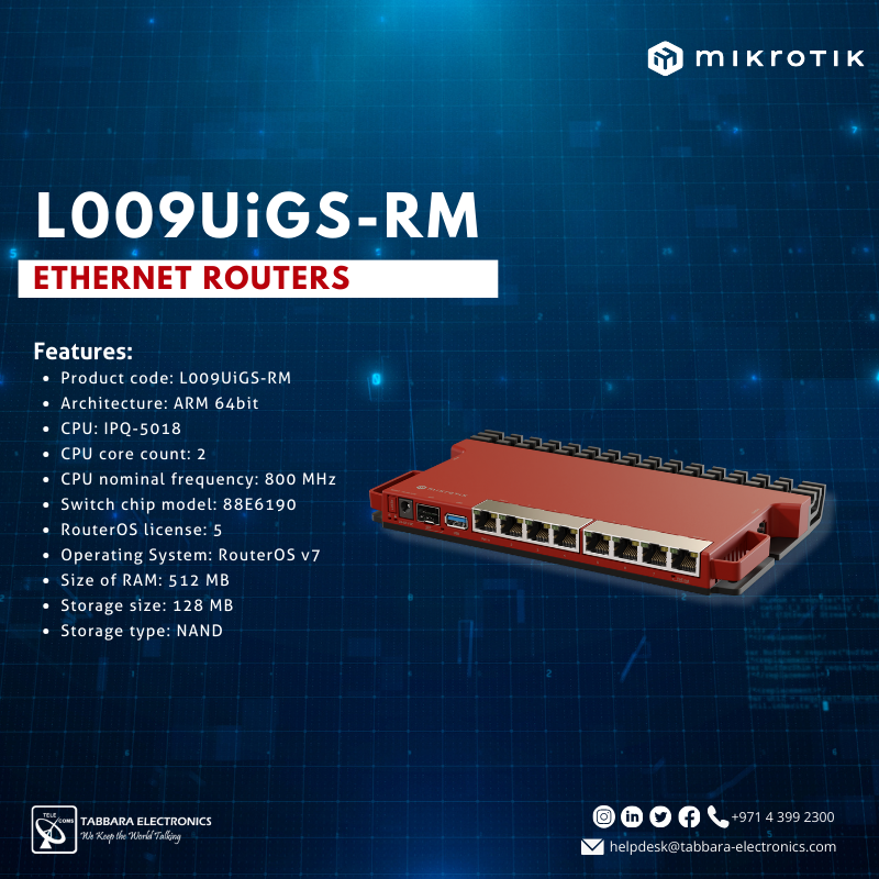 L009 features a powerful dual-core ARM CPU. It offers significant improvement when it comes to routing and filtering, and various advanced RouterOS features. 

#TabbaraElectronics #mikrotik #abudhabi #dubai  #middleeast #uae #digitaltransformation 
#ملتزمون_ياوطن
#نتصدر_المشهد