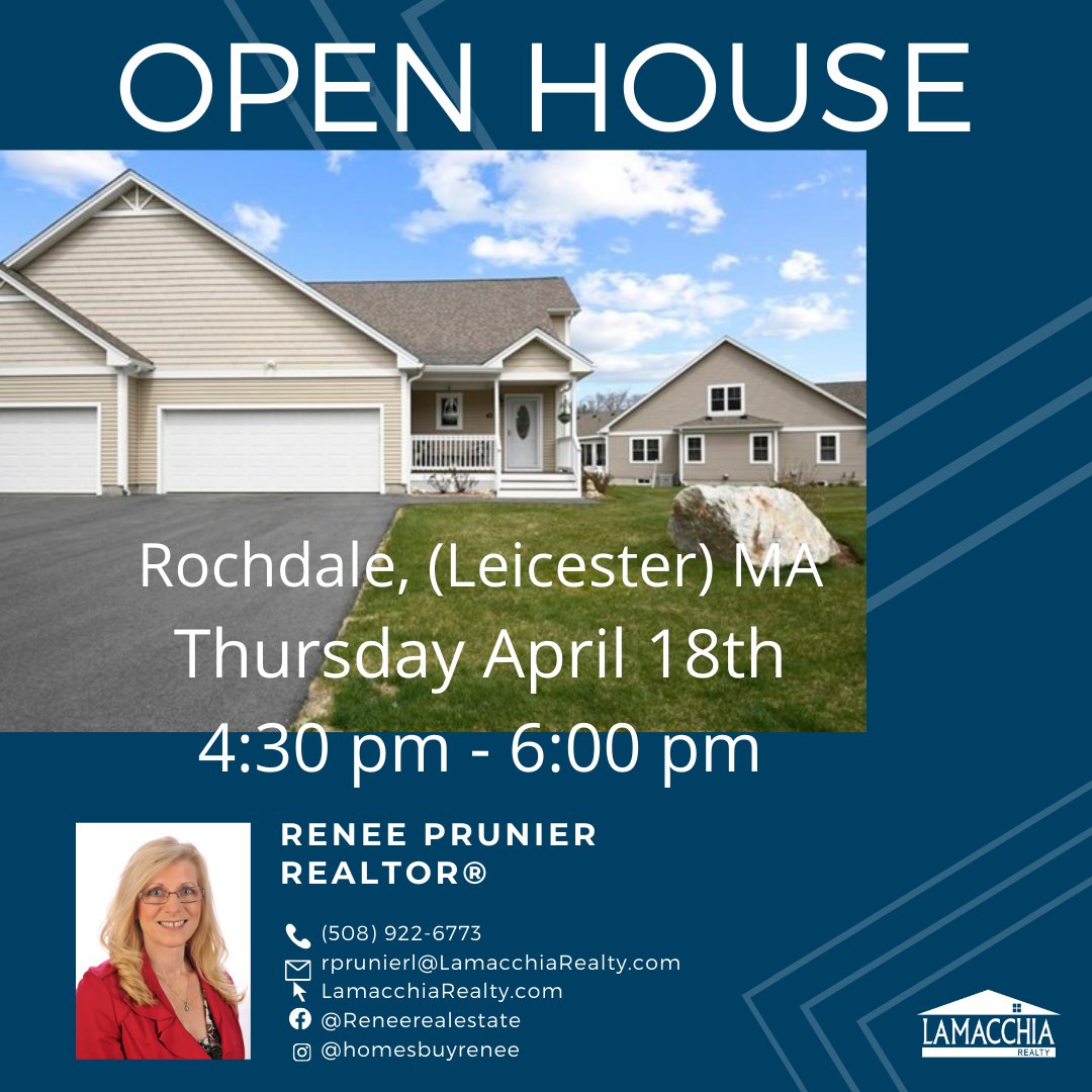 OPEN HOUSE April 18th 4:30 pm - 6:00 pm.  Rochdale, MA.  Sought after Oakridge estates 55+ community.  Offered at $489,900. A rare find with a 2 car garage, sunroom, hardwood and tile thru-out.  Meticulously maintained. #homesbyrenee #lamacchiarealty #openhouse #rochdalema