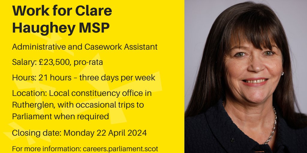 New Administrative and Casework Assistant opportunity with Clare Haughey MSP (@haughey_clare), based in #Rutherglen. Find out more: ow.ly/QCbT50Rg0QG