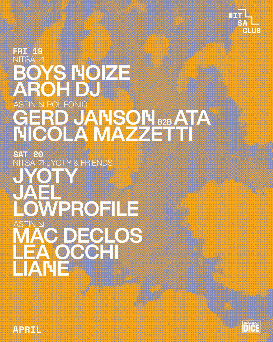 Nitsa Club is gearing up for another smashing weekend 💥 ➤ @boysnoize, AROH DJ, Gerd Janson b2b Ata, Nicola Mazzeti, @BecauseJyoty, @knownasjael, Mac Declos, LEA OCCHI, Liane & many more. 🎟 Get your tickets in advance: dice.fm/promoters/nits…