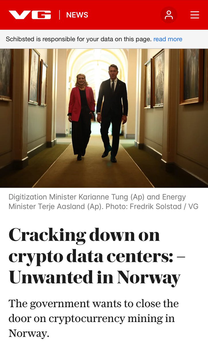 JUST IN: 🇳🇴 Norway becomes the first country in Europe to introduce  regulations for data centers aimed at controlling which projects are  permitted. They state #Bitcoin mining “is an example of a