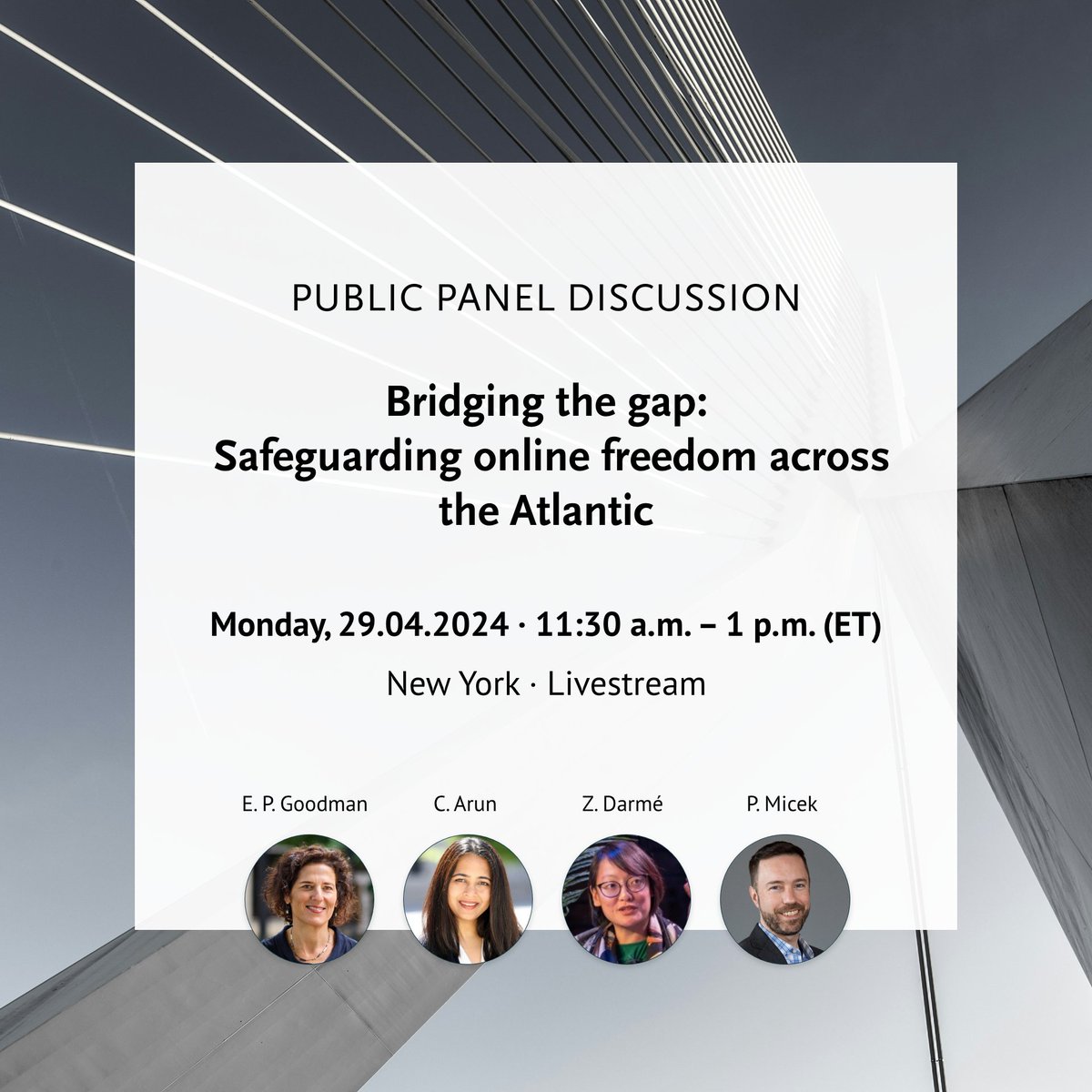 Exciting news! We're thrilled to announce that @ZoeDarme will be joining @ellgood, @lawyerpants and Chinmayi Arun (@yaleisp) on our panel in #NewYorkCity as our fourth speaker. Our lineup of experts will discuss #freedomofspeech across #socialmedia and #contentmoderation.