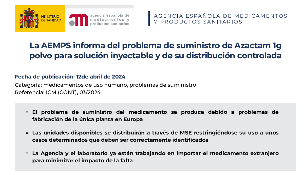 ⚠️Problemas de suministro de Azactam (aztreonam) sin fecha fin

Se podrá solicitar a través de med. en situaciones especiales si:

❗️🦠Gram negativa productora metalo-betalactamasas como alternativa a cefiderocol/ ab no betalactámicos
❗️💉Hipersensibilidad a betalactámicos sin
