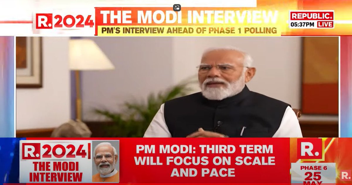 republic's tweet photo. #TheModiInterview | "Our third term will focus on the scale and the pace of the country's development", Prime Minister Narendra Modi says during a post-manifesto interview, ahead of the first phase of polling for Lok Sabha Elections 2024.

Catch all the latest updates with Republic here:
https://t.co/GaiaONscKI