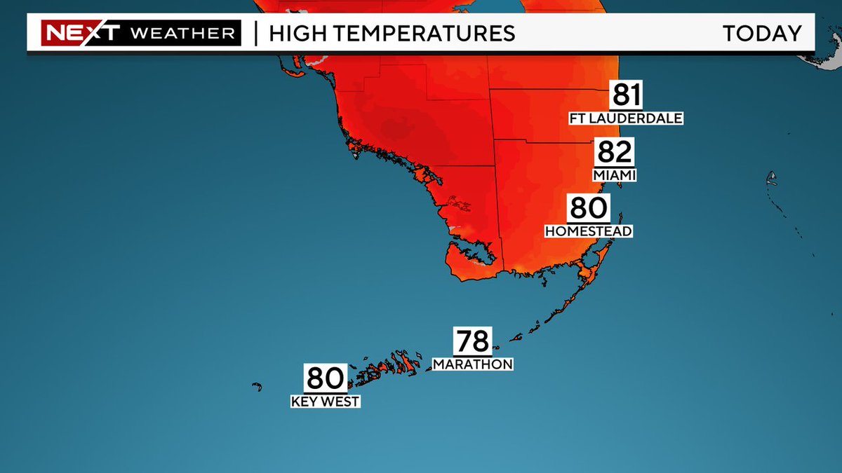 Highs will climb to the upper 70s and low 80s this afternoon under mostly sunny skies. Warm up late week and into the weekend. @CBSMiami