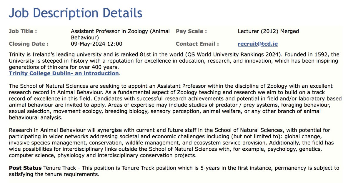 Kevin Mitchell (@wiringthebrain) on Twitter photo My colleagues in Zoology at <a href="/tcddublin/">Trinity College Dublin</a> are recruiting for a tenure-track position in Animal Behavior! 🐭🐸🪰🐛🐤🐝🐌 This is a great opportunity to join a fantastic department! Please RT! 🙏 my.corehr.com/pls/trrecruit/… My colleagues in Zoology at <a href="/tcddublin/">Trinity College Dublin</a> are recruiting for a tenure-track position in Animal Behavior! 🐭🐸🪰🐛🐤🐝🐌 This is a great opportunity to join a fantastic department! Please RT! 🙏 my.corehr.com/pls/trrecruit/…