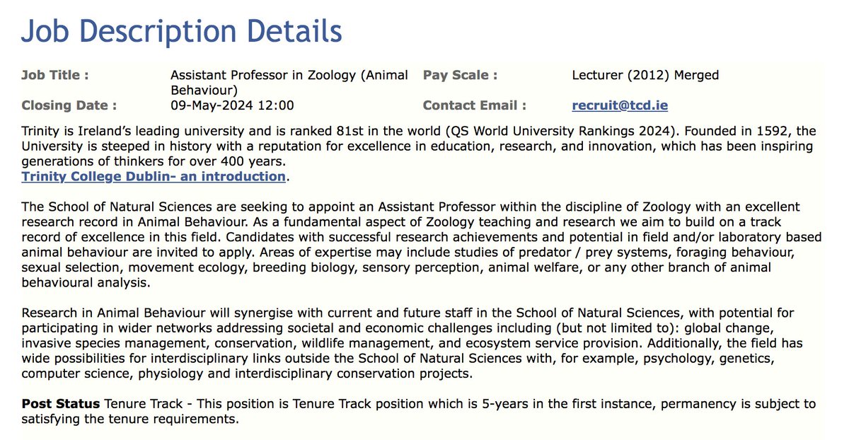 My colleagues in Zoology at @tcddublin are recruiting for a tenure-track position in Animal Behavior! 🐭🐸🪰🐛🐤🐝🐌 This is a great opportunity to join a fantastic department! Please RT! 🙏 my.corehr.com/pls/trrecruit/…