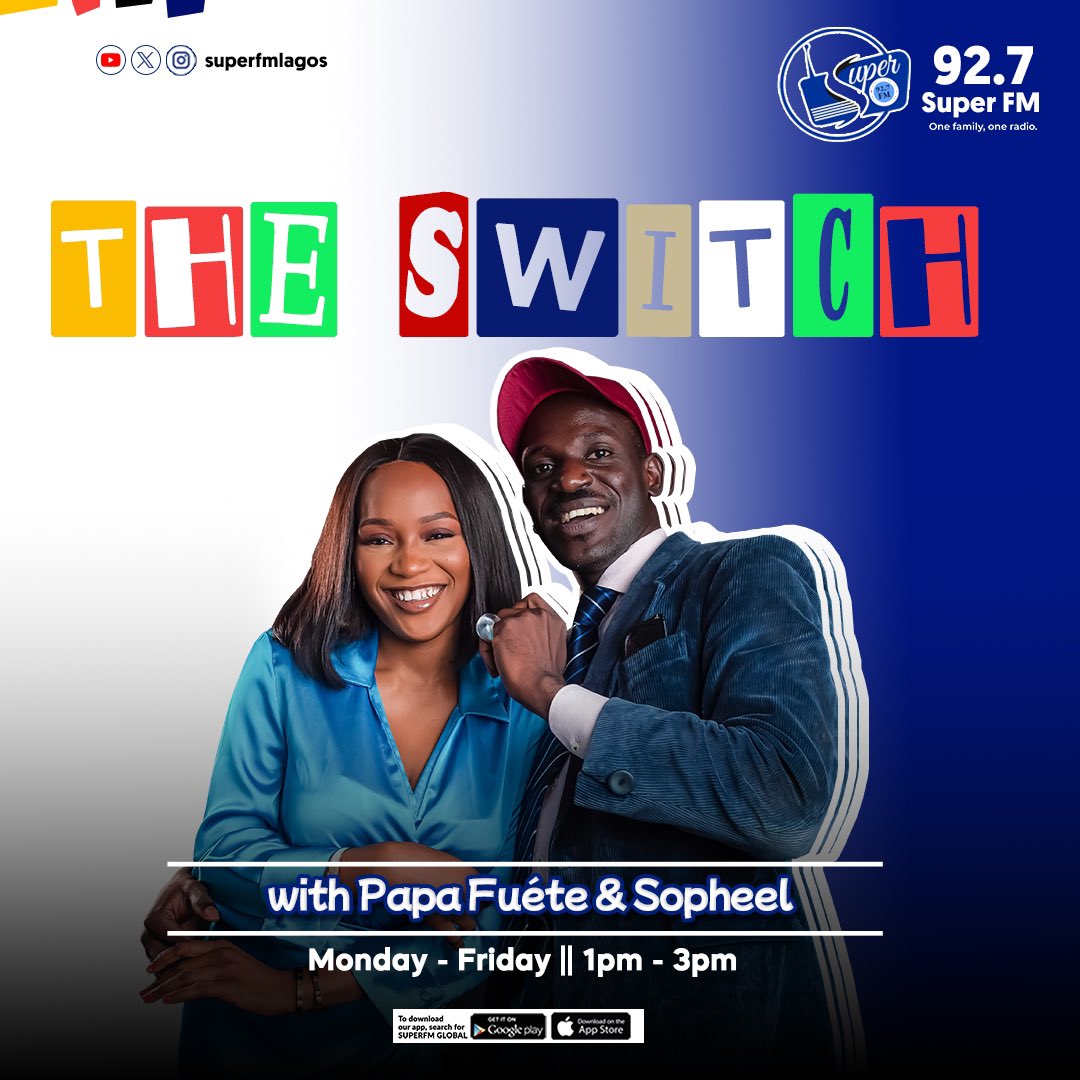 SuperFMLagos's tweet image. It’s time to switch things up on your no 1 family radio.

Join the conversations this afternoon as the president of gen Z and happiness @Papa_Fuete alongside Sophia so fine @officialsopheel bring you all the excitement 🔥

#Superfmlagos

Listen online 👉🏾 Superfm.online/Lagos