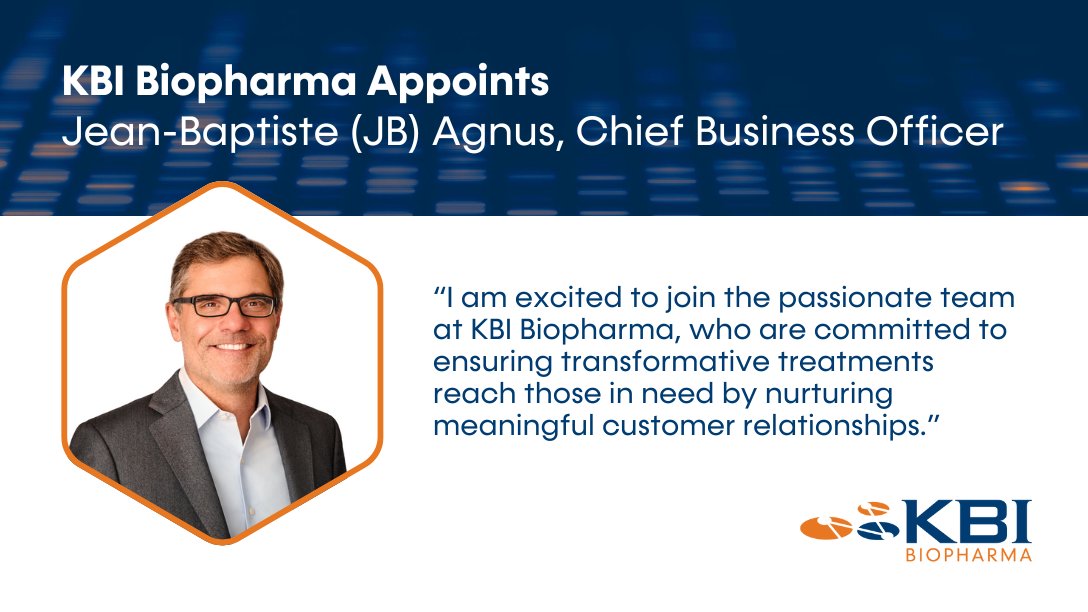 KBI Biopharma today announced the appointment of Jean-Baptiste (JB) Agnus as Chief Business Officer. JB brings more than two decades of experience across various sectors of the biopharmaceutical industry. Read the full release: hubs.la/Q02sLYY-0 #KBIBiopharma #CDMO