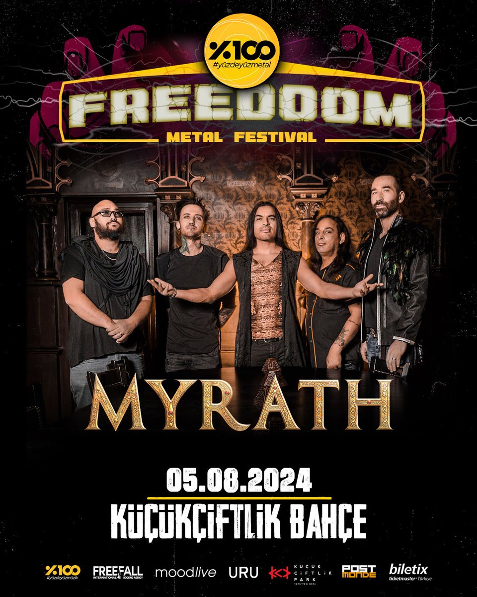 Oryantal metalde önemli bir grup olarak kabul edilen 𝐌𝐘𝐑𝐀𝐓𝐇 5 Ağustos'ta Freedoom Metal Festival kapsamında KüçükÇiftlik Park sahnesinde. 🤘🏻 Freedoom Metal Festival’ın ikinci dönem avantajlı biletleri @biletix ‘te! 🎫 🔗biletix.com/performance/37…