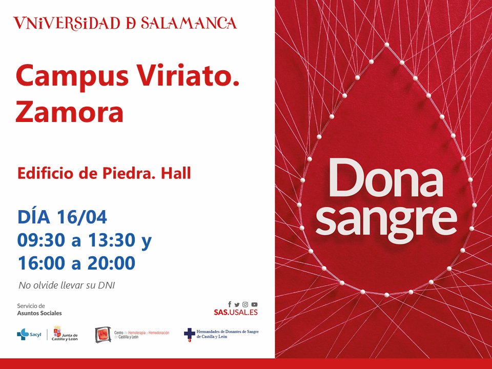 🩸Finaliza la campaña de donación de sangre del mes de abril de la Universidad de Salamanca.

🕘De 09:30 a 13:30h y de 16:00 a 20:00h
📍Campus Viriato. Hall Edificio de Piedra

👉sas.usal.es/donacion-de-sa… <a href="/sas_usal/">Servicio de Asuntos Sociales USAL</a>

Puntos fijos de donación: sas.usal.es/hazte-donante