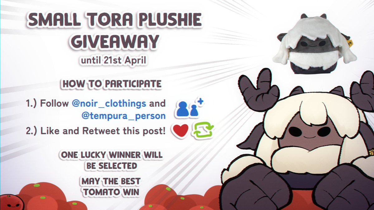 🍅NoiR X Tempura Person GIVEAWAY 🐏 One of you has the chance to win a Small Tora Plushie! 1️⃣ Follow @noir_clothings and @tempura_person 2️⃣ Like and retweet this post ❤️🔁 (optional: Comment what you'll use your Small Tora for.) The winner will be announced on 21st April! 🫶🐏