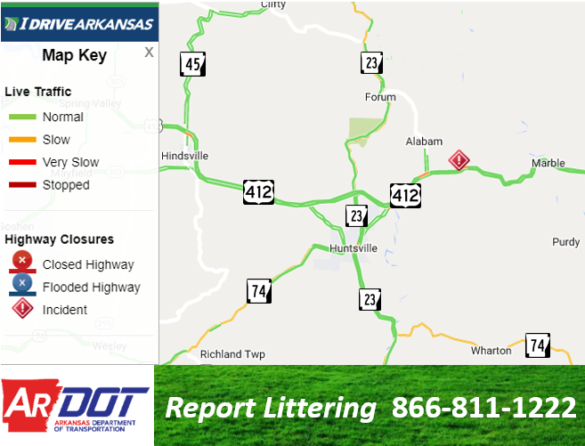 Madison Co: (UPDATE) Hwy. 412 WB right shoulder remains blocked due to an accident 3.1 miles east of Huntsville.  Monitor at IDriveArkansas.com.  #artraffic #nwatraffic 
 twitter.com/IDriveArkansas…