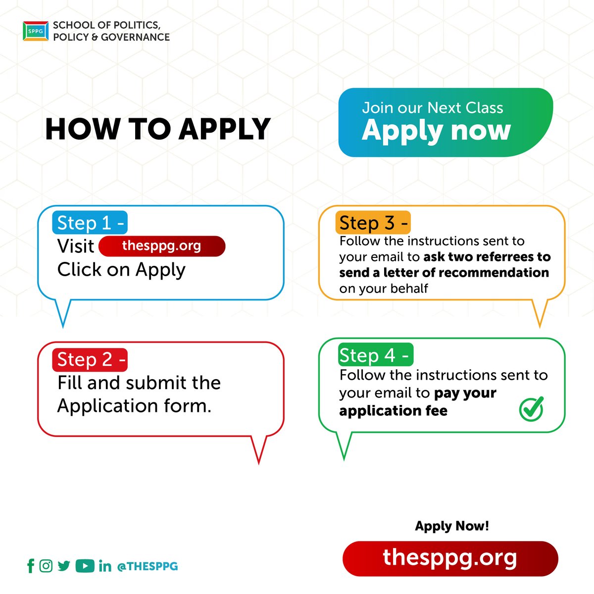 Are you interested in joining the #SPPGClassOf2025 but unsure of where to begin?

We got you covered.

Here's a step-by-step breakdown:

1. Visit thesppg.org and explore the website to understand the application process and requirements

2. Click on 'Apply' to fill