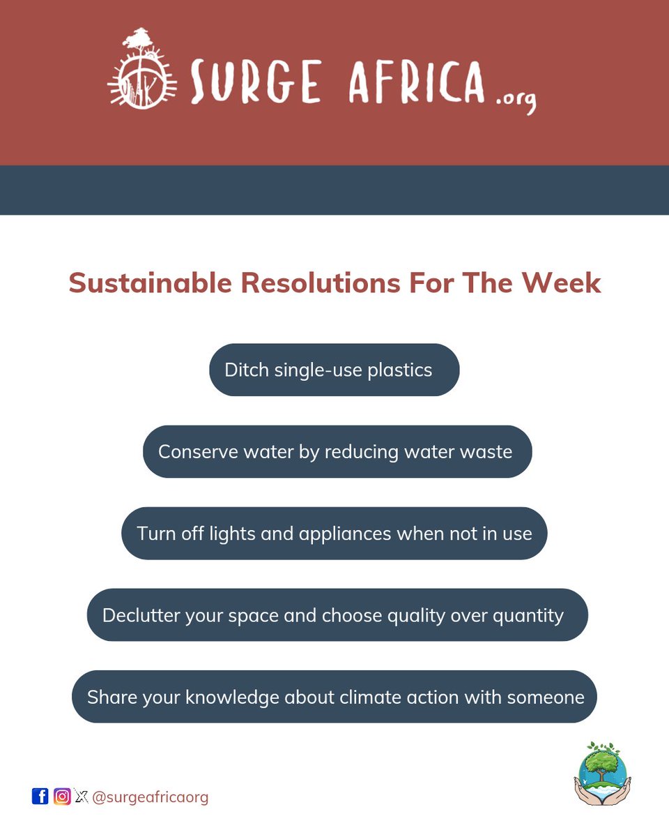 Small, purposeful actions and sustainable decisions can make a significant impact on our environment, especially when it's practised consistently. Which of these will you do more often this week? #SurgeAfricaOrg #SustainableLiving #ClimateAction #MondayMood #climateresolutions