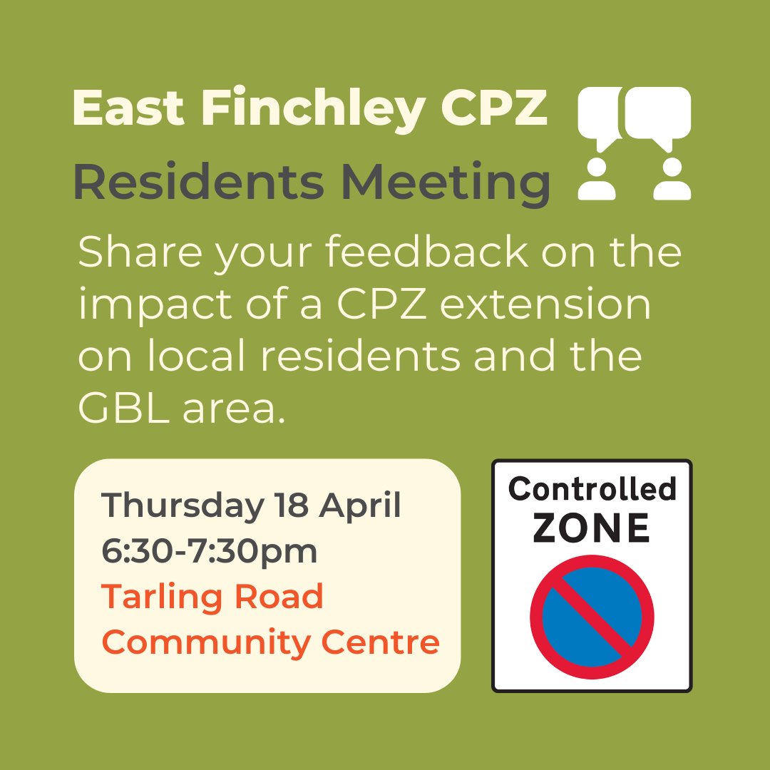 🅿️📣EAST FINCHLEY RESIDENTS CPZ MEETING Just 2 days to go til the Residents East Finchley Controlled Parking Zone (#CPZ) Meeting! Come along and share your opinion on a potential CPZ extension in #EastFinchley - your feedback will be shared with the local council.