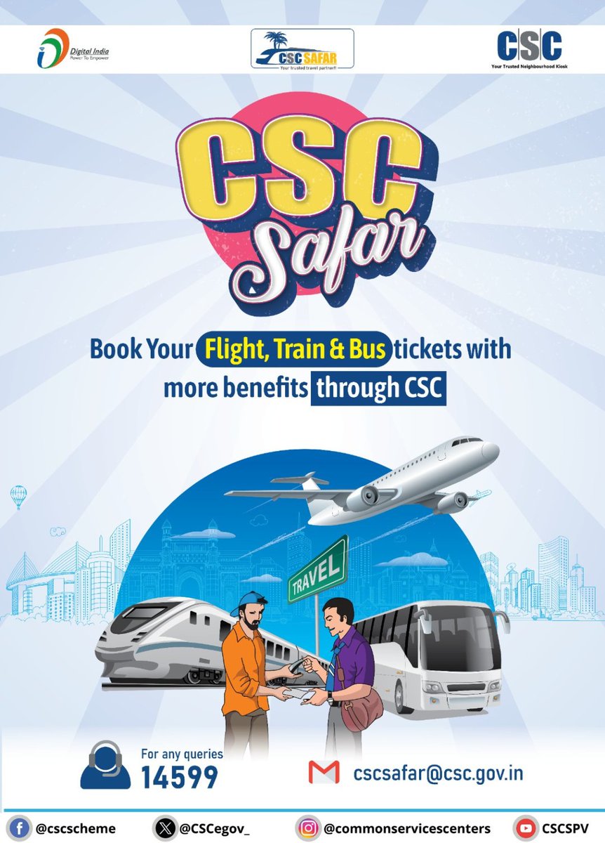 All #CSC VLEs now book discounted Flight, Train & Bus tickets from #CSCSafar.

Get Amazing Incentives on Ticket Bookings!!

Visit: cscsafar.in

For any queries, write us at cscsafar@csc.gov.in or call us on 14599.

#DigitalIndia #CSCTravelService #FlightBooking