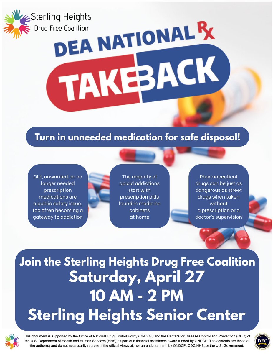 National Drug Take Back Day is April 27th! By cleaning out your medicine cabinets and taking these drugs to a designated drop-off site, you will eliminate the possibility of RX medications falling into the wrong hands. dea.gov/takebackday.