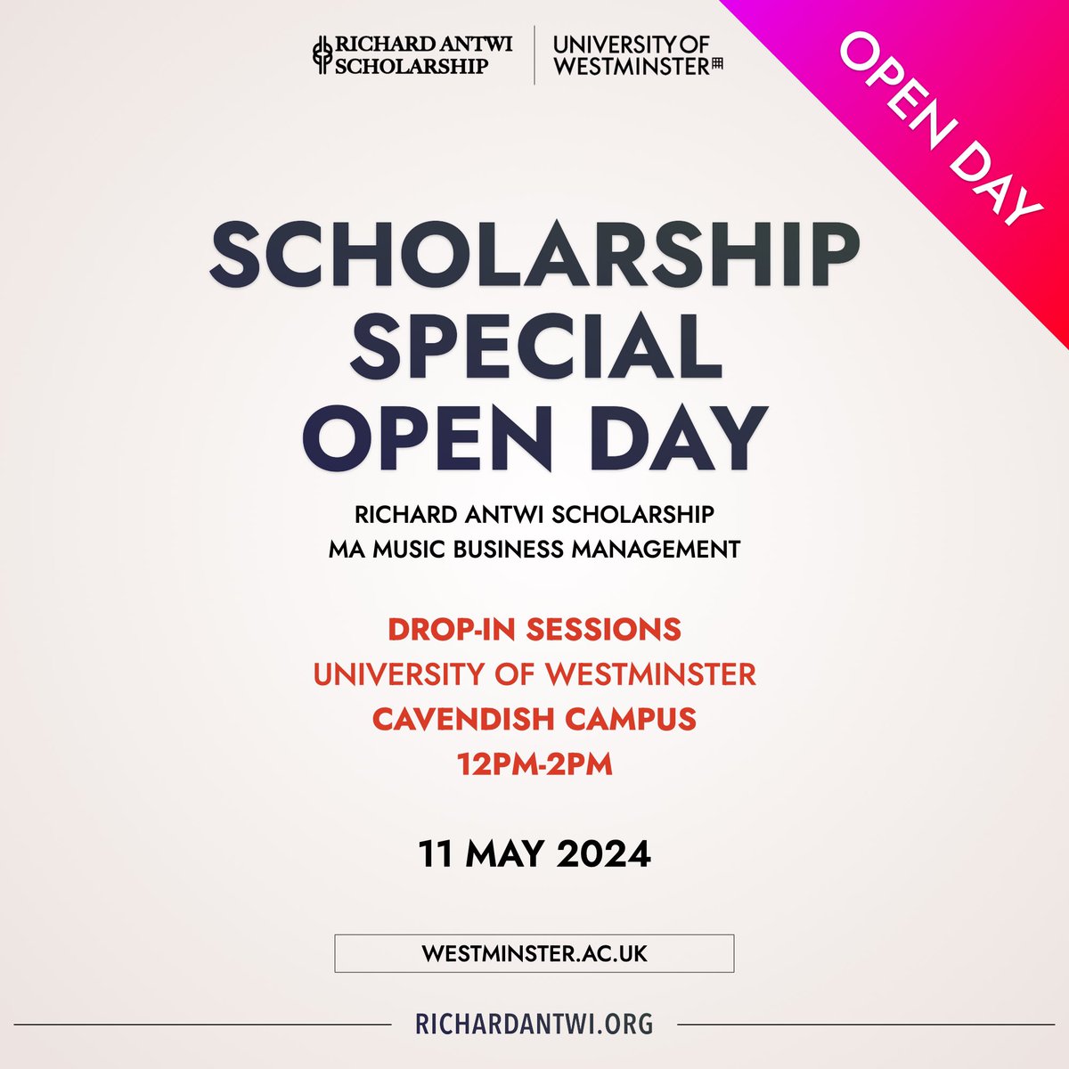 Register for our next Richard Antwi Scholarship Open Day on Saturday 11th May 2024 at 12pm-2pm! Hear more about the scholarship, the MA Music Business Management course @uniwestminster and speak to Richard Antwi Scholars. For more info please visit richardantwi.org