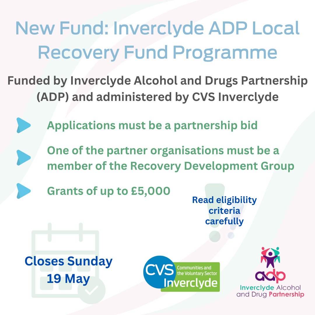 Inverclyde Alcohol and Drug Partnership is providing funding to third sector organisations to work in partnership to support people in recovery. Please read the eligibility criteria carefully. Applications close Sunday 19 May. bit.ly/4axObJr