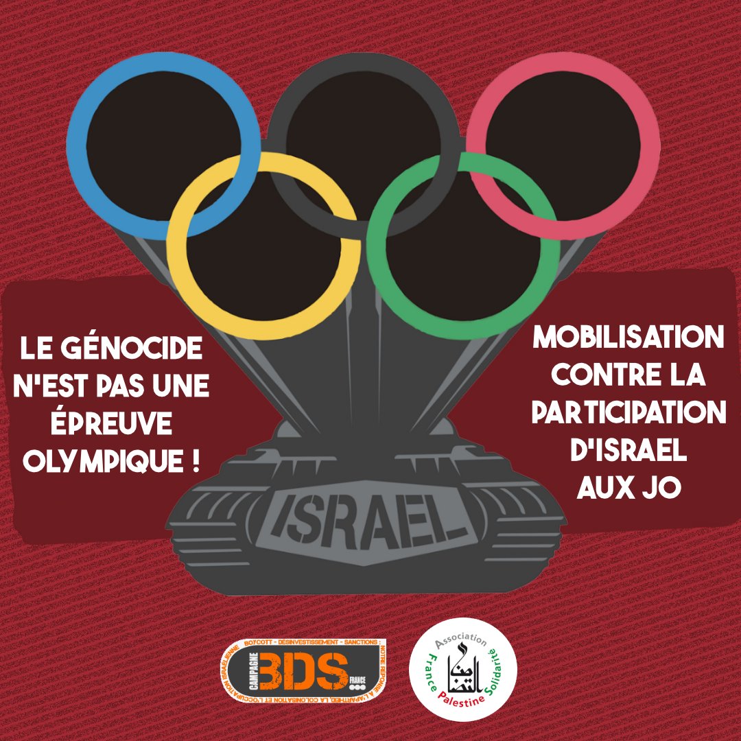 APPEL A ACTION @Campagnebds @AFPSOfficiel Le génocide n’est pas une épreuve olympique ! Non à la participation d'Israël aux JO ! Rejoignez le mouvement international #BanIsrael. Signez : tinyurl.com/signeko - tinyurl.com/signdiem25