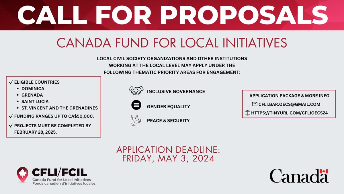 Applications for the #CanadaFund are now open ❗

#CFLI supports innovative projects in #Dominica 🇩🇲 #Grenada 🇬🇩 #SaintLucia 🇱🇨 and #SVG 🇻🇨 focused on

✅ #InclusiveGovernance
✅ #GenderEquality and
✅ #PeaceAndSecurity

Deadline: Friday, May 3
Details: tinyurl.com/CFLIOECS24