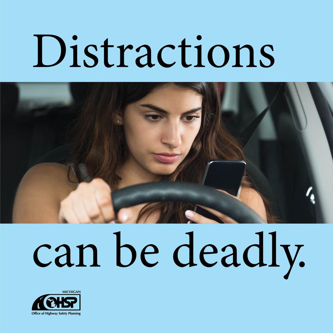MIOHSP's tweet photo. April is National Distracted Driving Awareness Month, and we are stepping up enforcement. Remember, texting while driving is against Michigan law, but it’s not the only distraction. Whether it's eating, fixing your hair, or searching for the perfect song, any distraction can be dangerous. Let's stay safe together by following Michigan's hands-free law and keeping our focus on the road. When you drive, just drive. Learn more at https://t.co/blNgHxPGMT.
