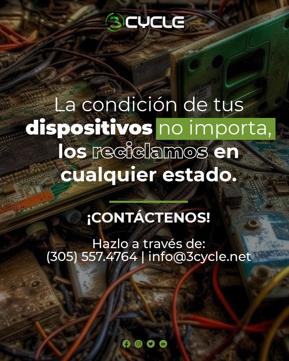 3_cycle's tweet photo. Los dispositivos que recibimos pasan por una selección cuidadosa, en la cual nos encargamos de que las diferentes piezas lleguen a un lugar donde puedan ser recicladas. 

Si deseas contactarnos llámanos al (305) 557.4764 o escríbenos a nuestro correo info@3cycle.net https://t.co/8OV2wzzD96