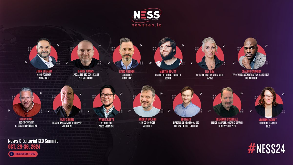 JShehata's tweet photo. 🚀 The 4th Year of NESS (News and Editorial SEO Summit) is Officially Here!
🎟 Secure Your Spot Now: https://t.co/DqevsUNNpW

🎉I'm thrilled to announce that NESS 2024 has one of the strongest speaker line-ups we've ever had! It's hard to believe it's already the fourth year for NESS, and I'm beyond excited to kick things off with our Early Bird registration starting today.

🌟 Meet Our Stellar Speakers:
@randfish, @g33konaut, @lilyraynyc, @CECabrera_ , @glenngabe, @SEOlaf, @rkellett , @cyberandy, @Edward_Hyatt , @BrendanOConnel, @VivienneGoizet, Barry Adams, and yours truly!

Join us for our unique online event on 29 & 30 October as we delve into the latest in SEO for news websites, brought to you by the best in the business.
🌟What's on the Agenda?
- Technical News SEO
- Google Discover Optimization
- Google CWV & Page Speed
- Helpful Content & Algorithm Updates
- Newsroom SEO
- News Topics, Entities, and Knowledge Graphs
- Local News SEO
- And much more!

Plus, don't miss the chance to engage with our experts during our Q&A sessions. Bring your questions for a truly interactive experience.

Let's elevate the SEO game for news websites together. See you there!
#SEO #NewsSEO #NESS24 #GoogleNews